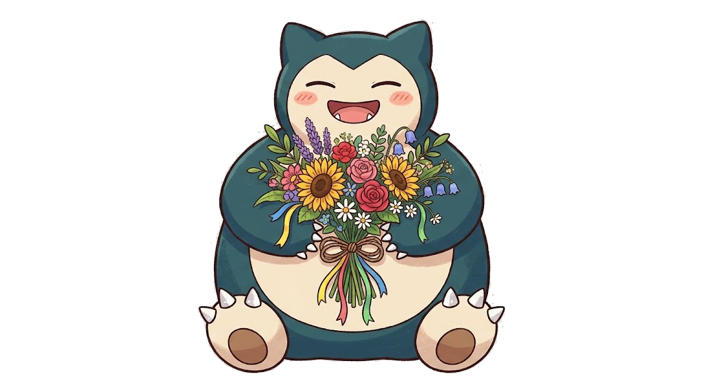 Snorlax holding a bouquet of flowers